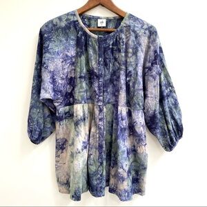 Cabi Olivia Woodstock Linen Blue Green Tie Dye Oversized Button Front Top Medium
